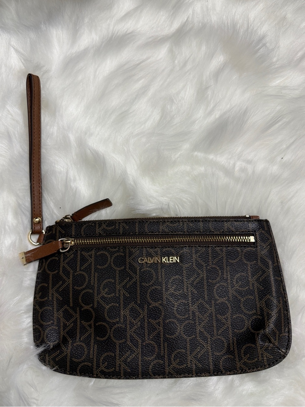 Calvin Klein Monogram Logo Wristlet Clutch Black Brown